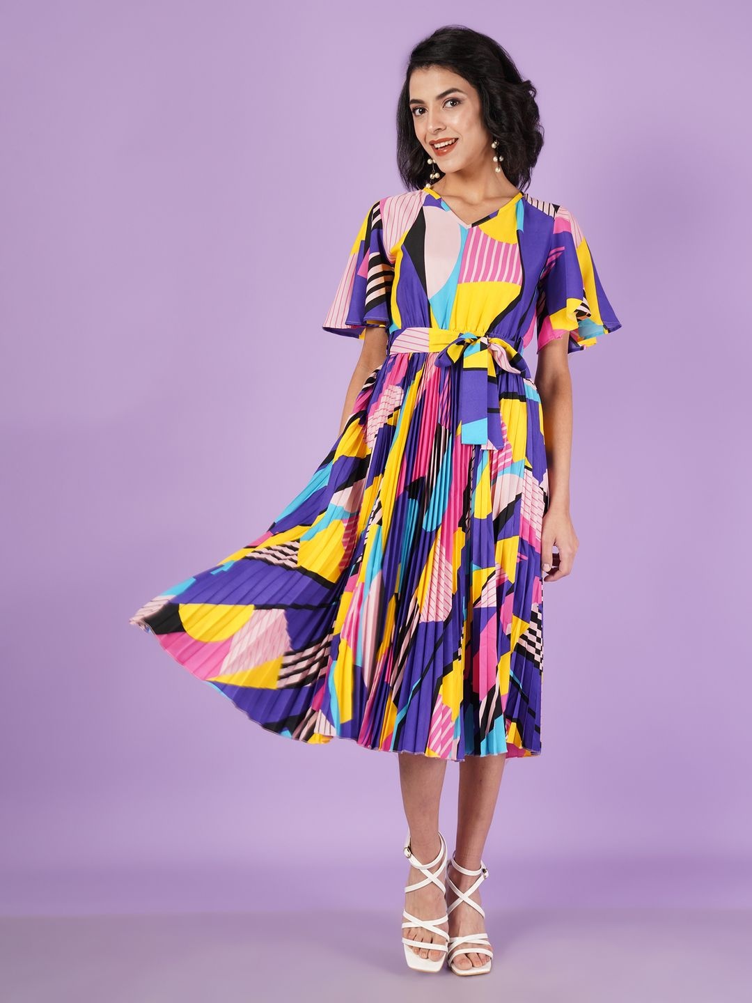 

OTABU Women Abstract Print Flared Sleeves Midi A-Line Dress, Multi