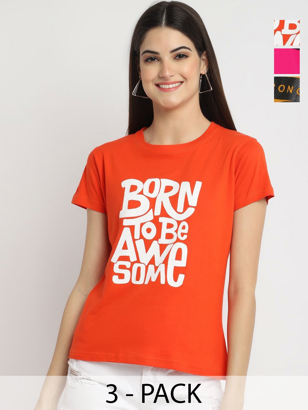

Dreambe Pack of 3 Typography Printed Cotton Round Neck T-shirts, Orange
