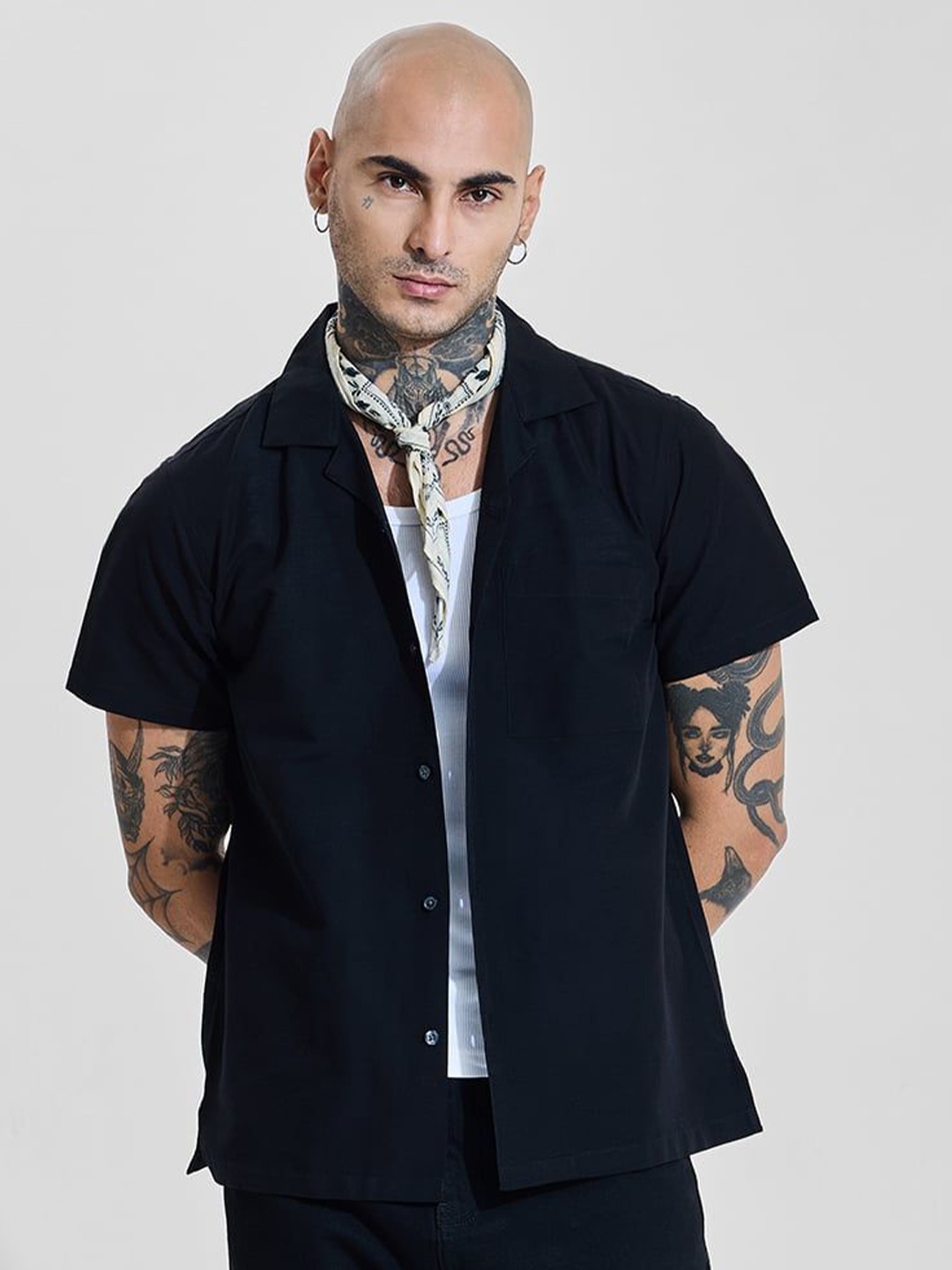 

Snitch Men Comfort Relaxed Fit Cuban Collar Solid Cotton Casual Shirt, Black