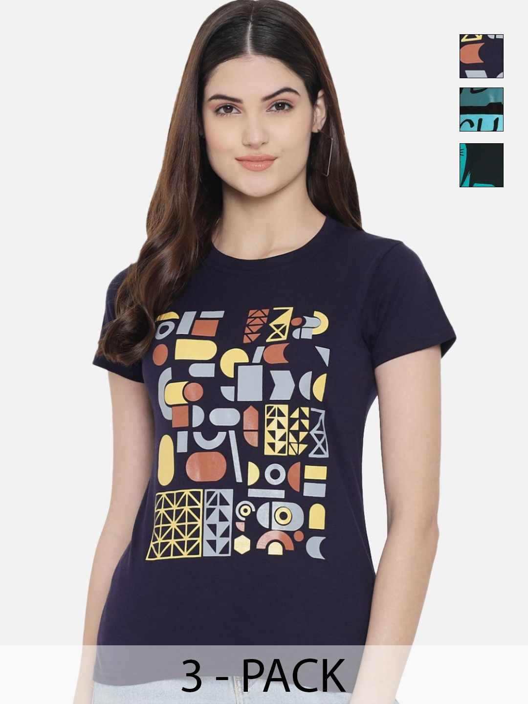 

Dreambe Women Pack of 3 Graphic Printed Round Neck Cotton T-shirts, Navy blue
