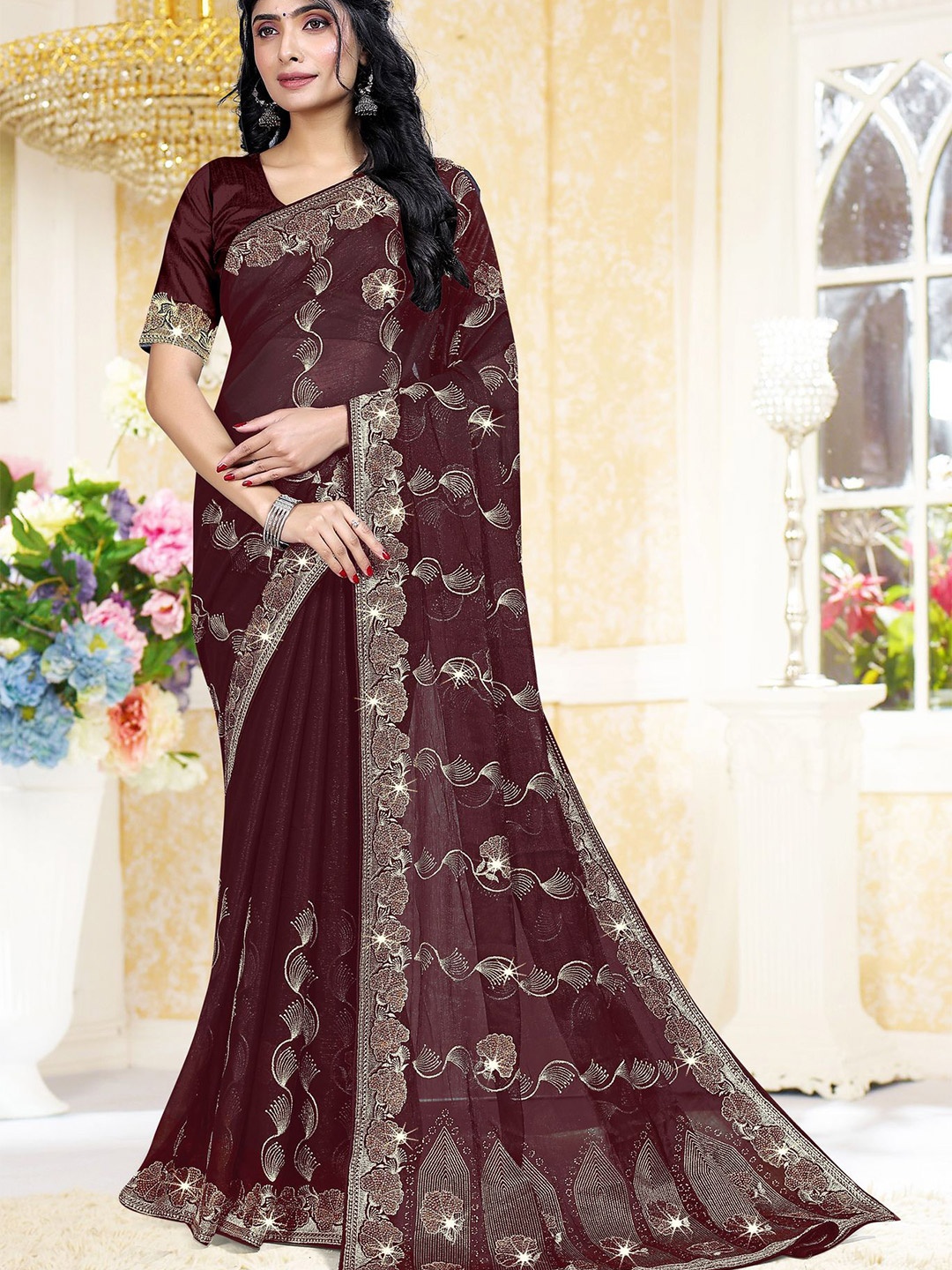 

ANJANI TEXTILE Floral Beads and Stones Embellished Tissue Heavy Work Saree, Brown