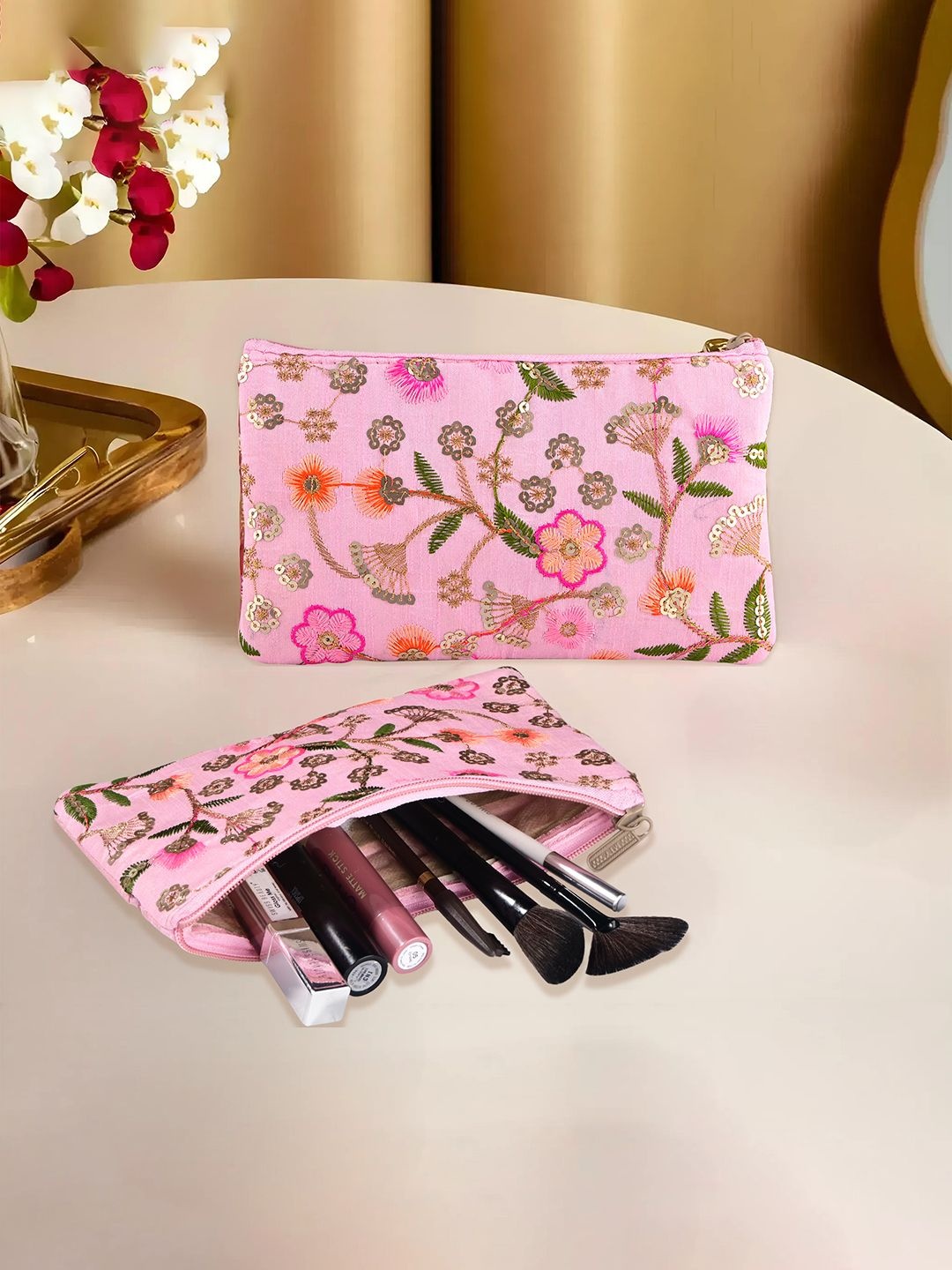 

Kuber Industries 3 Pcs Polyester Traditional Ladies Hand Purse with Zip Embroidered Clutch, Pink