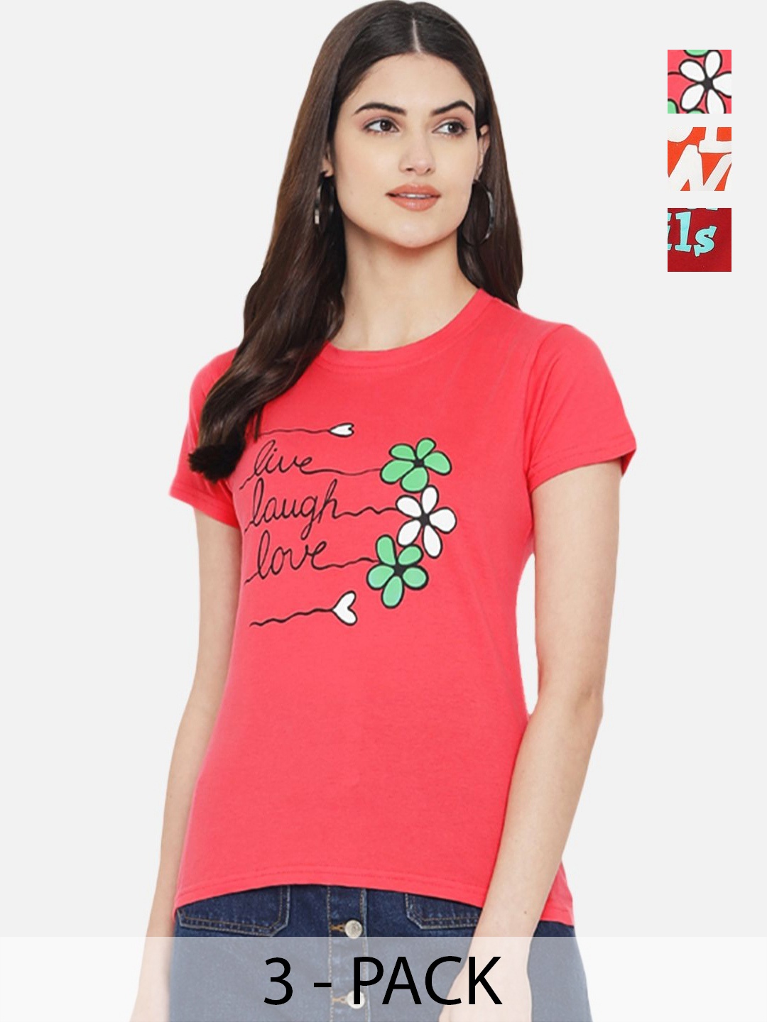 

Dreambe Pack Of 3 Typography Printed Round Neck Short Sleeves Cotton T-shirt, Red