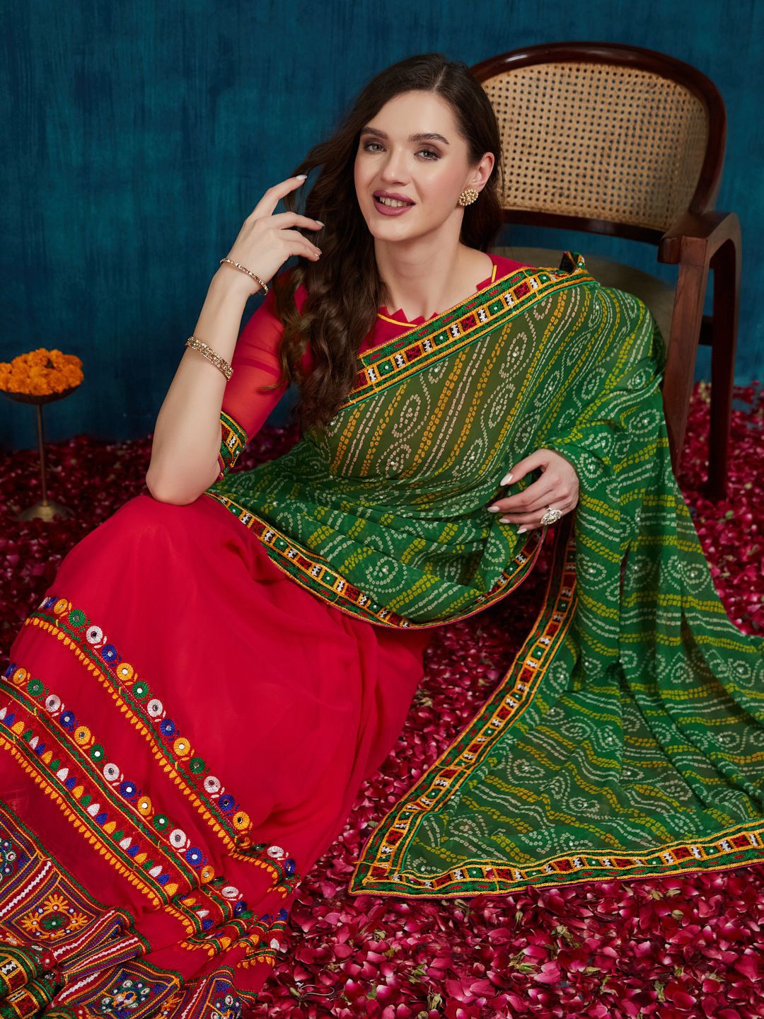 

KAVINDI Bandhani Printed Embroidered Pure Georgette Half and Half Saree, Red