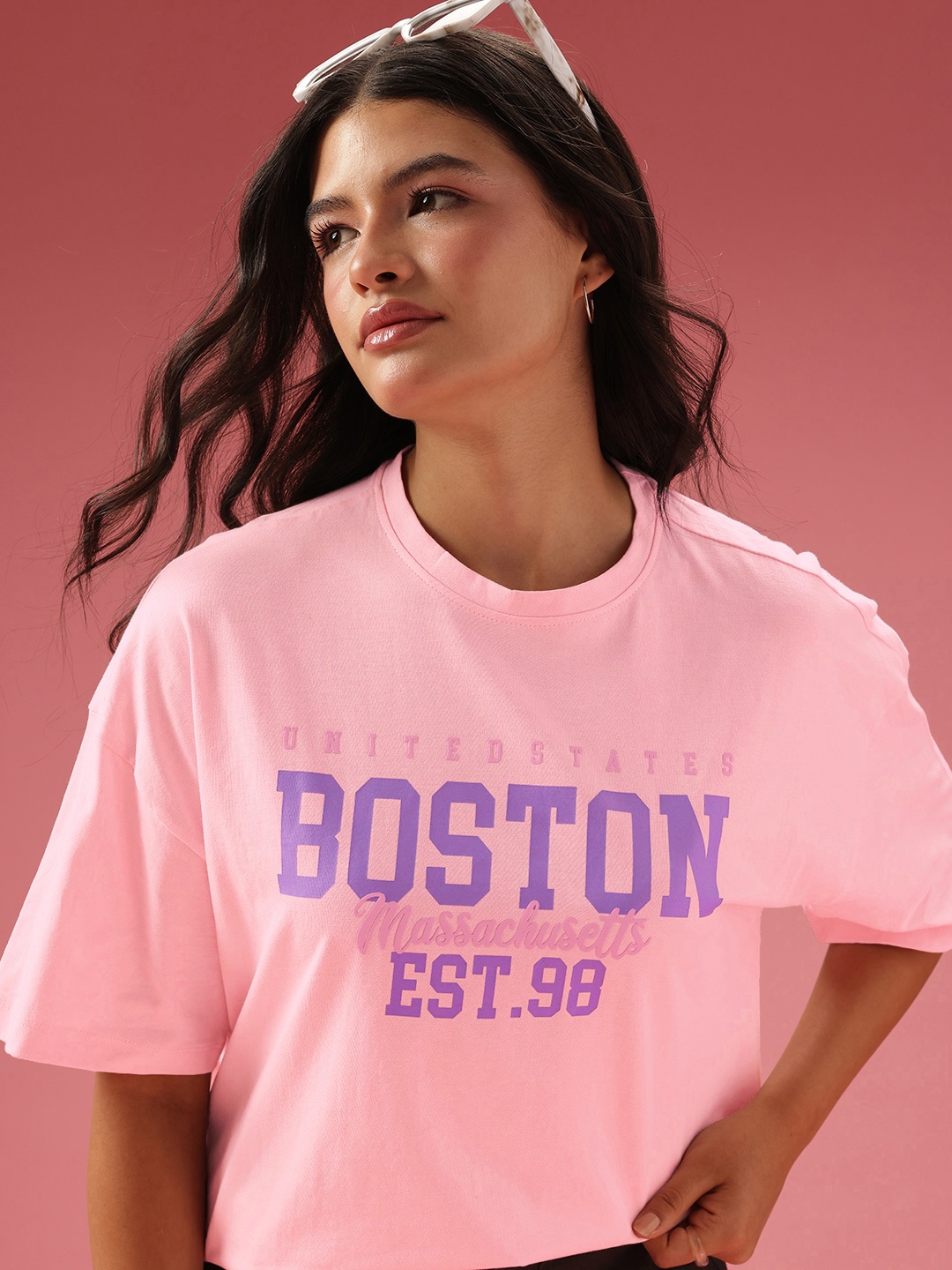 

DressBerry Relaxed Fit Typography Printed Pure Cotton T-shirt, Pink