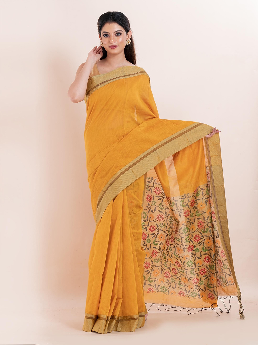 

PUKU Ethnic Motifs Woven Design Zari Handloom Saree, Mustard