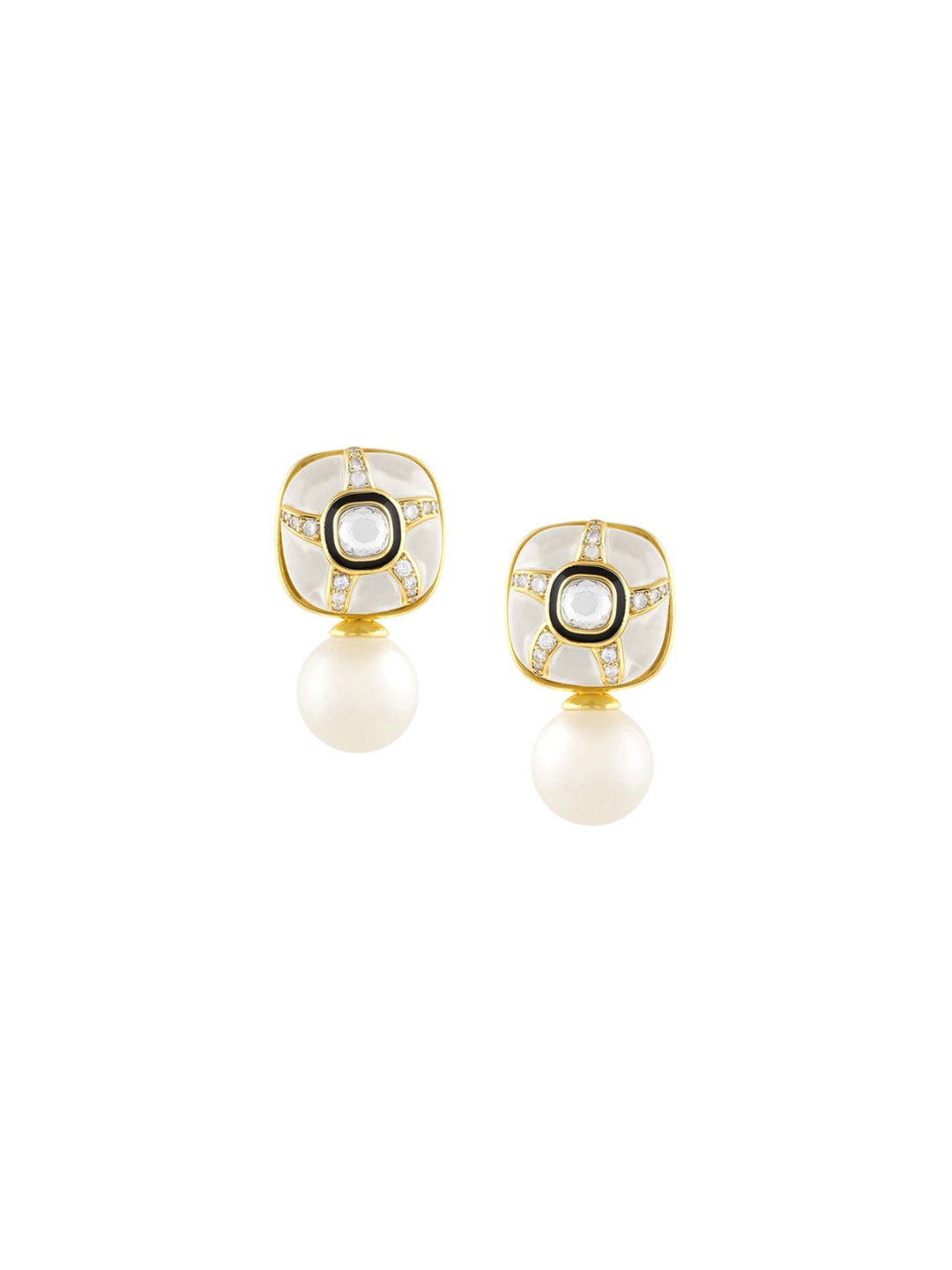 

Isharya 18KT Gold Plated Crystals Studded & Pearls Beaded Geometric Shaped Drop Earrings