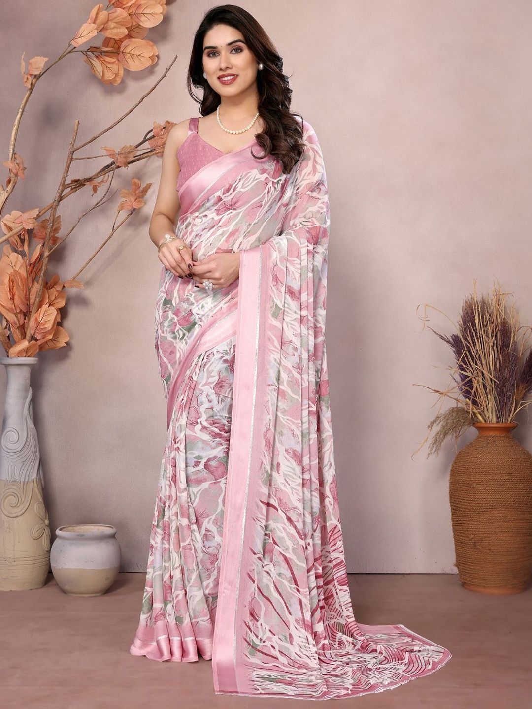 

ODETTE Floral Printed Saree With Unstitched Blouse, Peach