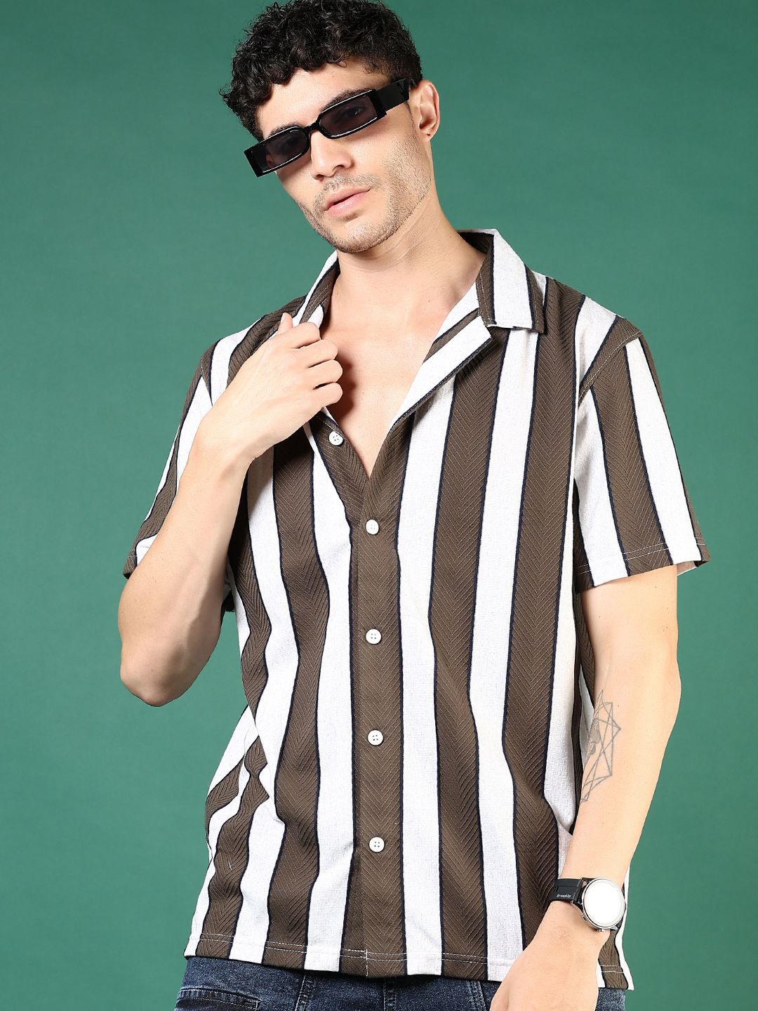 

V-Mart Men Spread Collar Relaxed Fit Striped Cotton Casual Shirt, Olive
