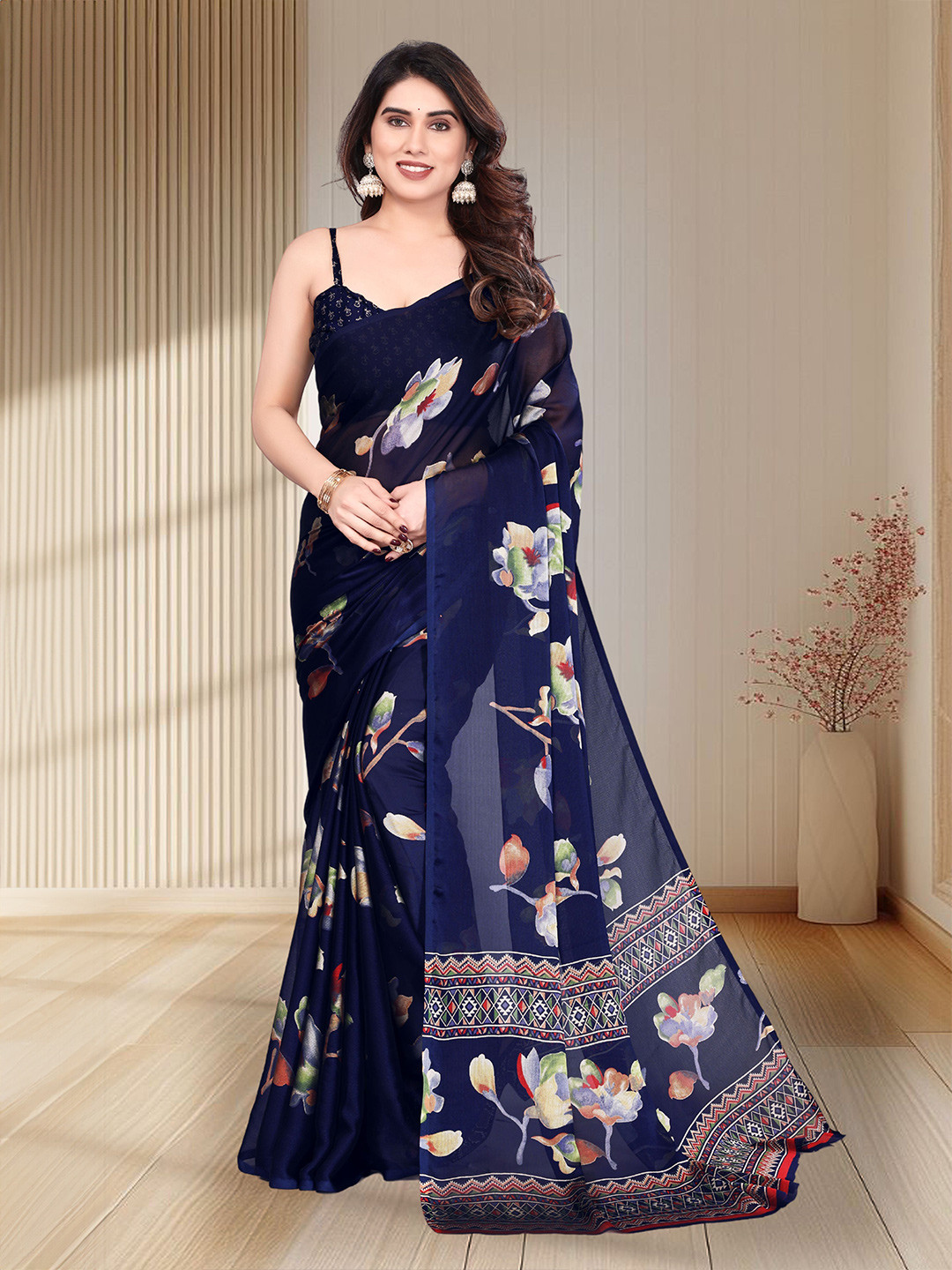

SUPERLAXMI Floral Pure Chiffon Saree, Navy blue