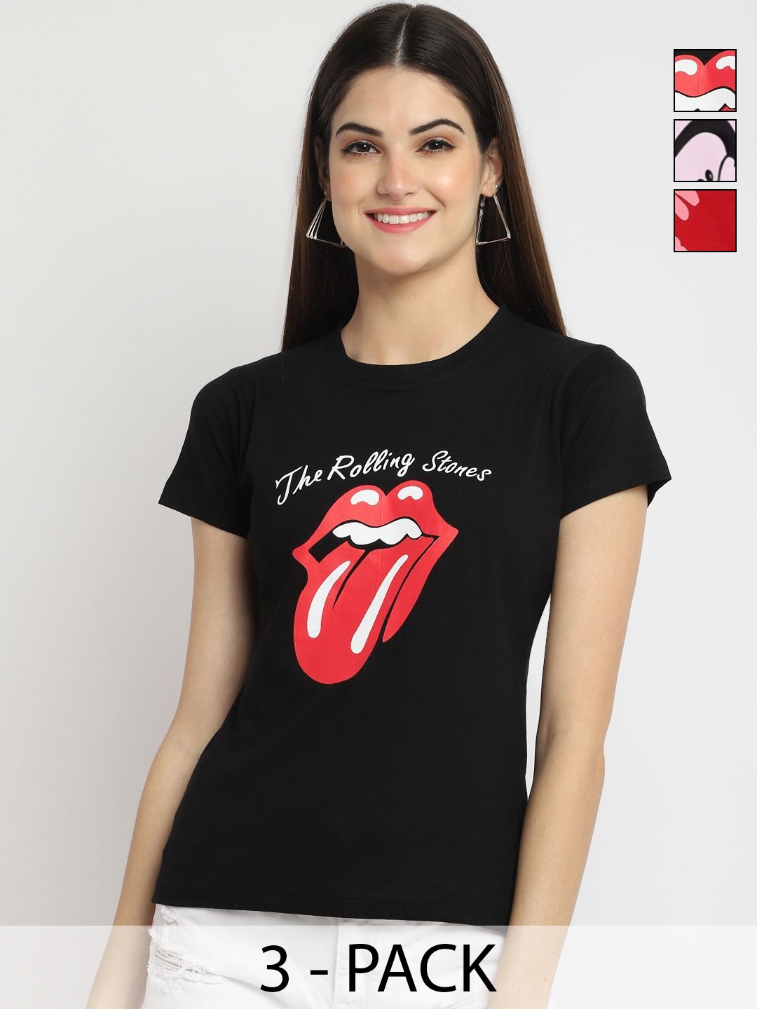 

Dreambe Women Pack of 3 Graphic Printed Round Neck Cotton T-shirts, Black