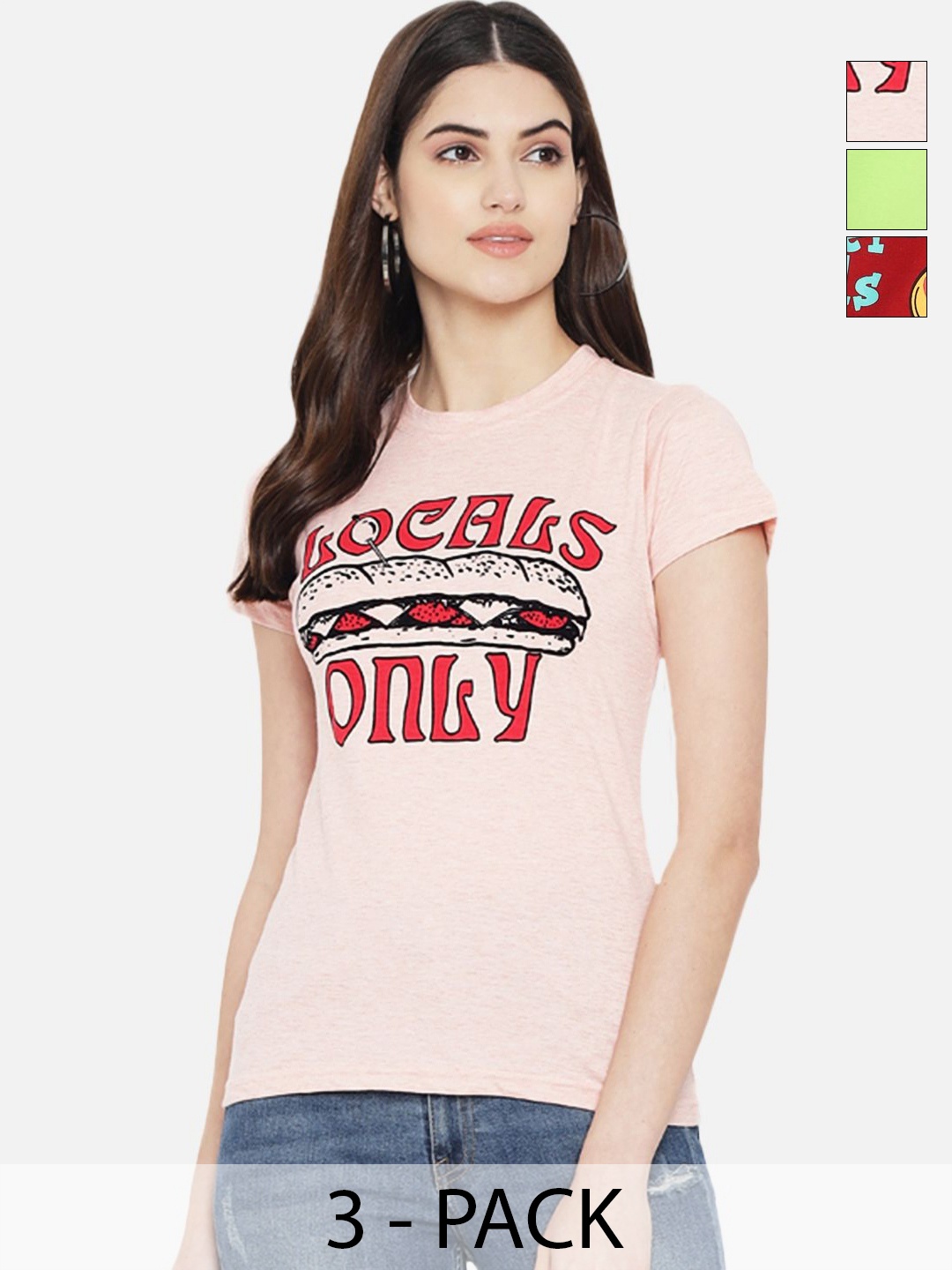 

Dreambe Pack of 3 Typography Printed Cotton Round Neck T-shirts, Peach