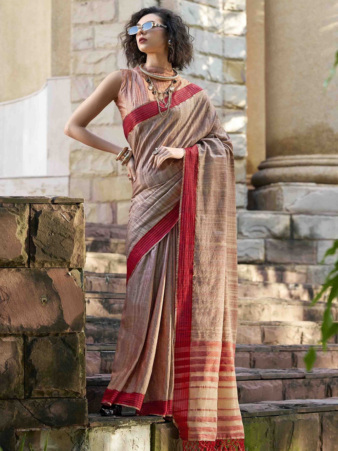 

KIMISHA Solid Saree With Blouse Piece, Brown
