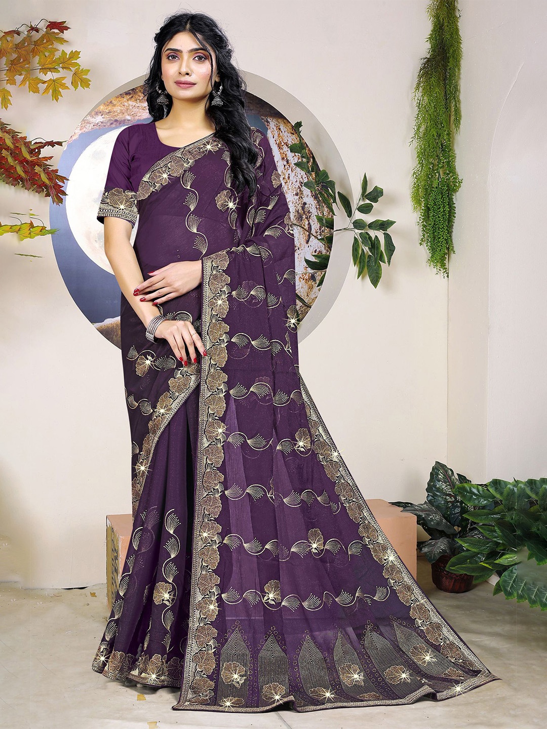 

ANJANI TEXTILE Floral Printed Embellished Tissue Saree With Unstitched Blouse Piece, Purple