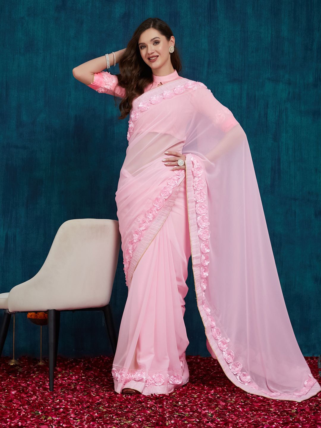 

RAJGRANTH Embroidered Embellished Pure Georgette Saree, Pink