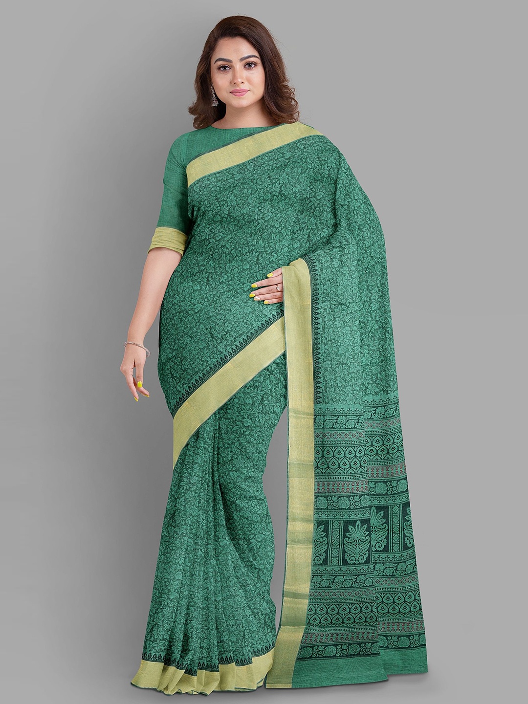 

The Chennai Silks Floral Zari Pure Cotton Chanderi Saree, Green