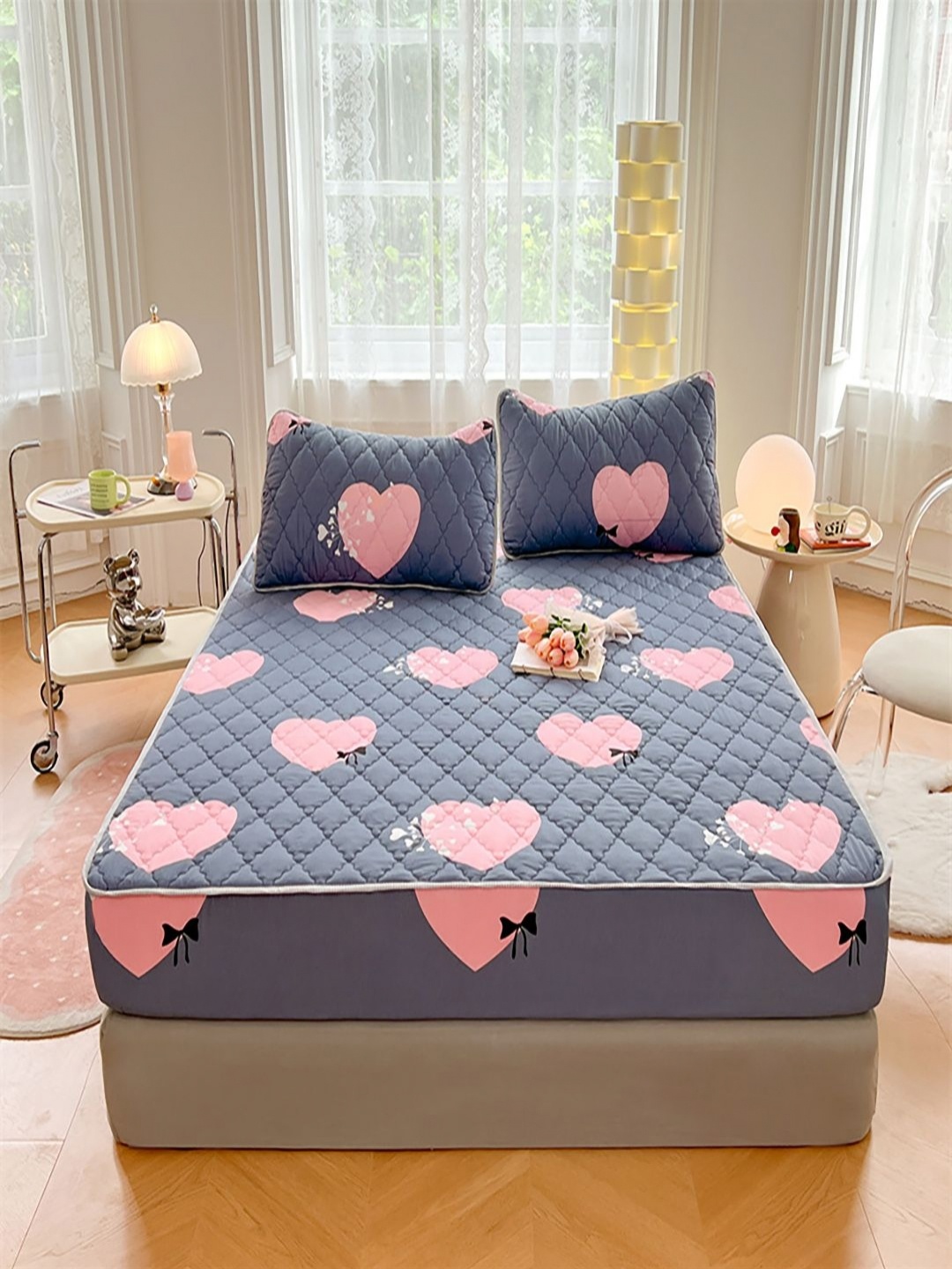 

JC HOME Grey & Pink Printed 150 TC Queen Bedsheet Set 1.50 m x 2.00 m