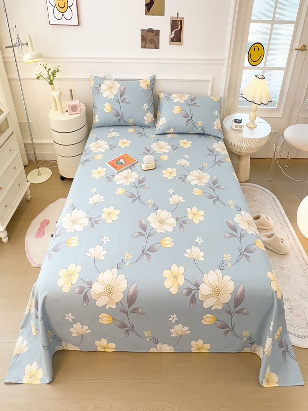 

JC HOME Blue & Yellow Floral Printed Pure Cotton 220 TC King Bedsheet Set 2.00 m x 2.30 m