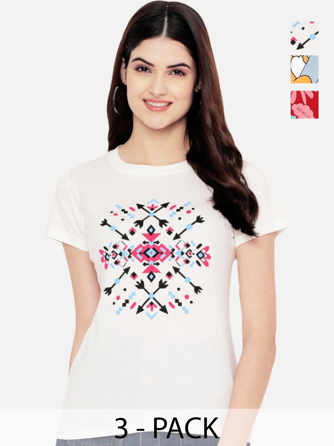 

Dreambe Women Pack of 3 Tom & Jerry Graphic Printed Round Neck Cotton T-shirts, White