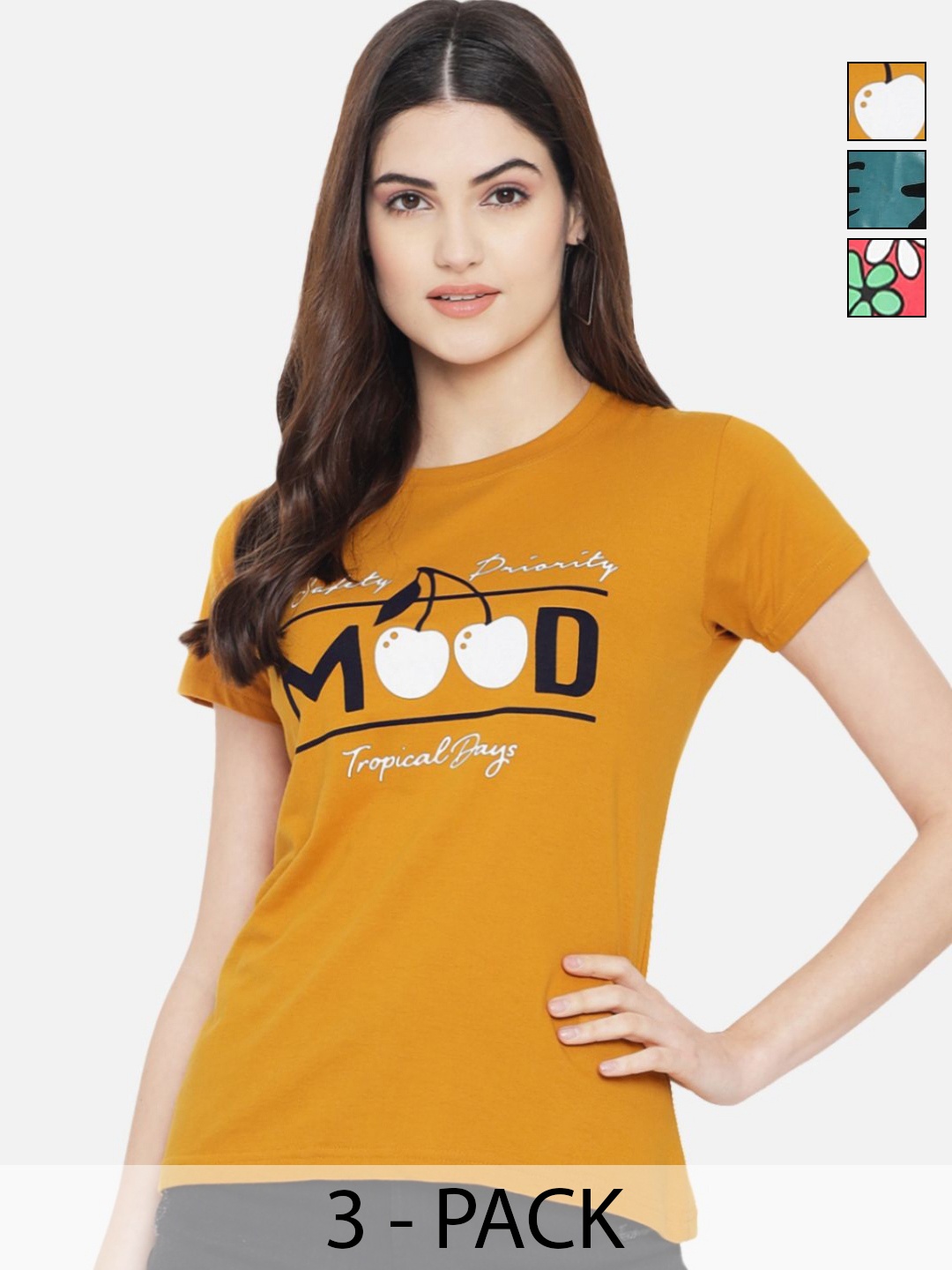 

Dreambe Women Pack of 3 Typography Printed Round Neck Cotton T-shirts, Mustard