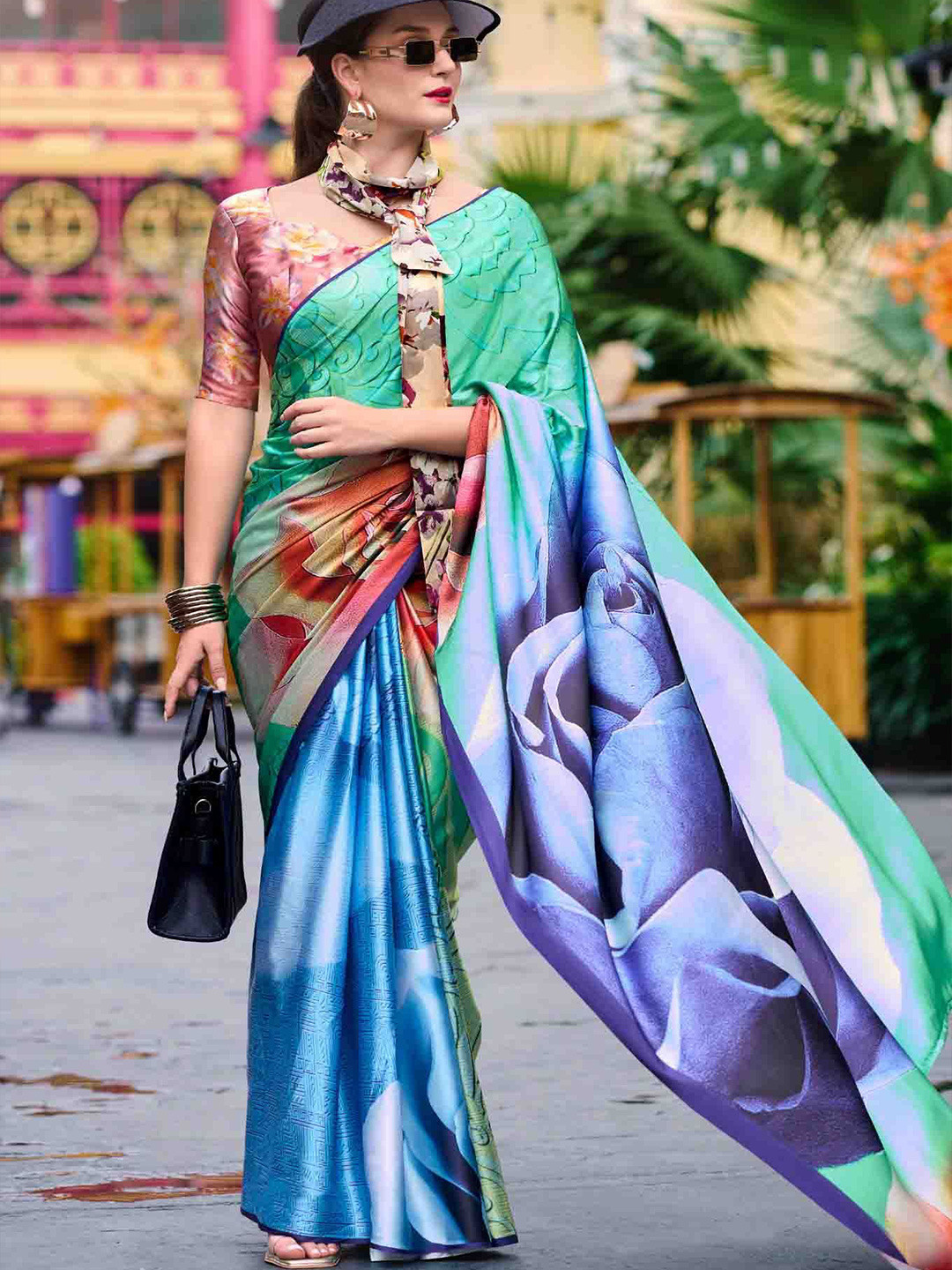 

KIMISHA Floral Printed Satin Saree, Blue