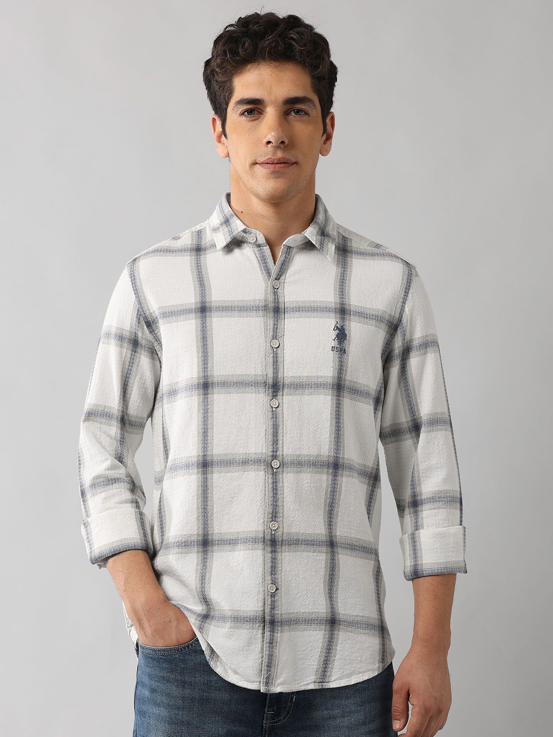 

U.S. Polo Assn. Denim Co. Men Classic Regular Fit Checked Cotton Casual Shirt, White