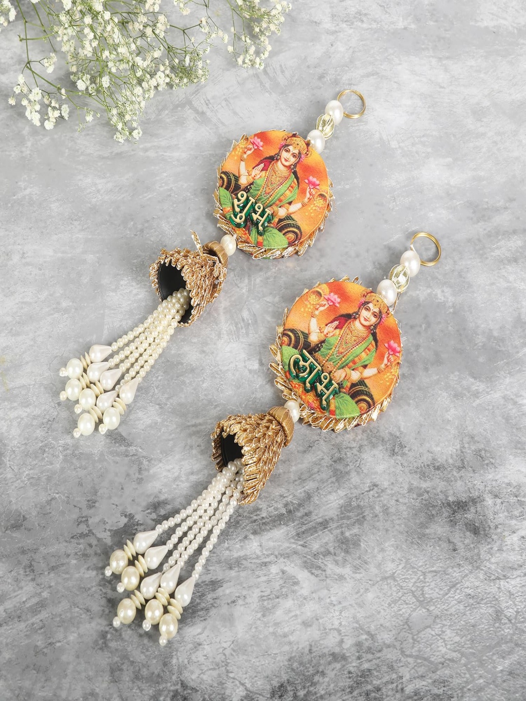 

THE HOME CO. Gold Toned & Green 2 Pieces Laxmi Ji Printed Hangings Festive Decor