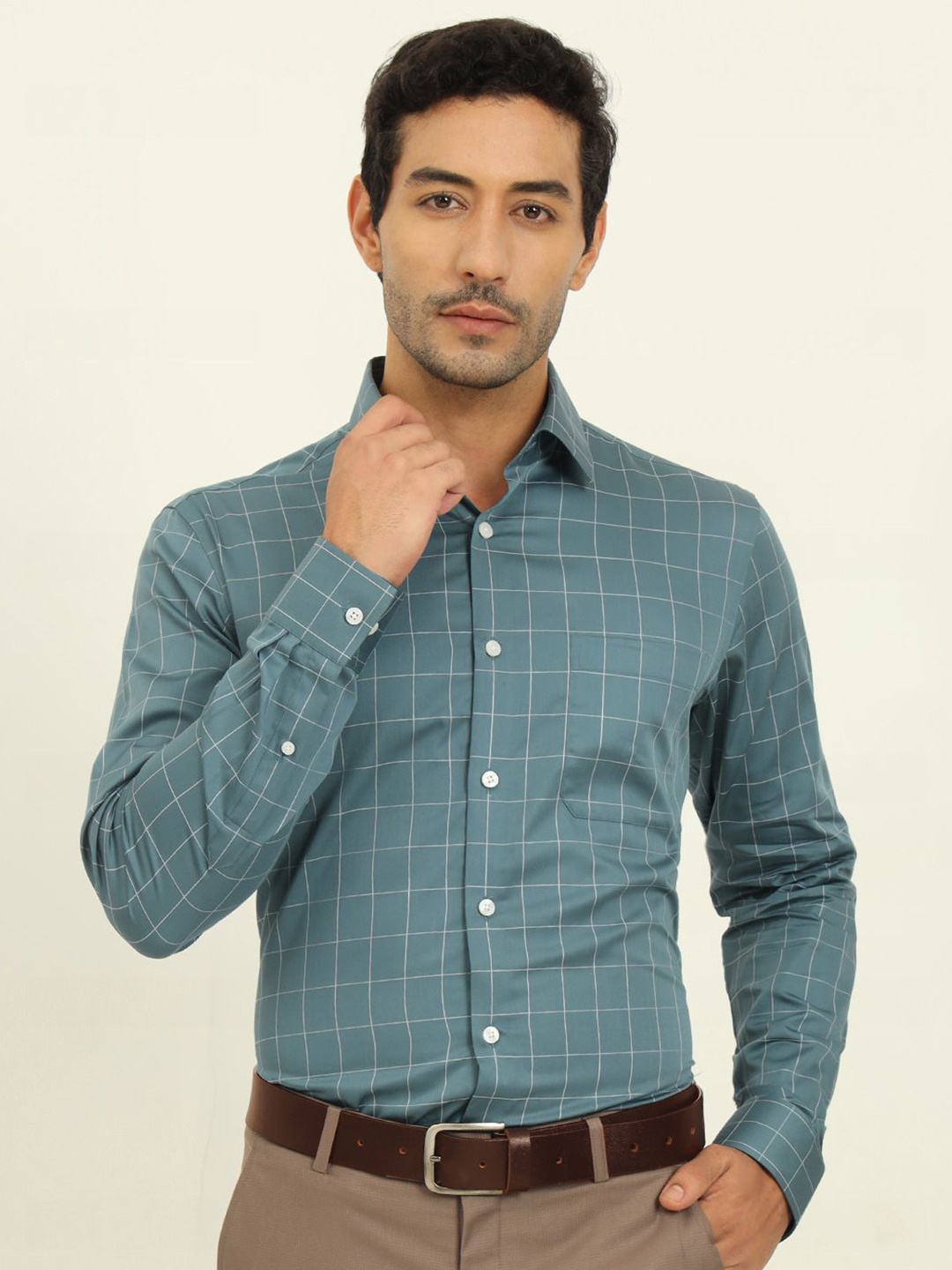

JADE BLUE Men Slim Fit Spread Collar Grid Tattersall Checked Cotton Formal Shirt