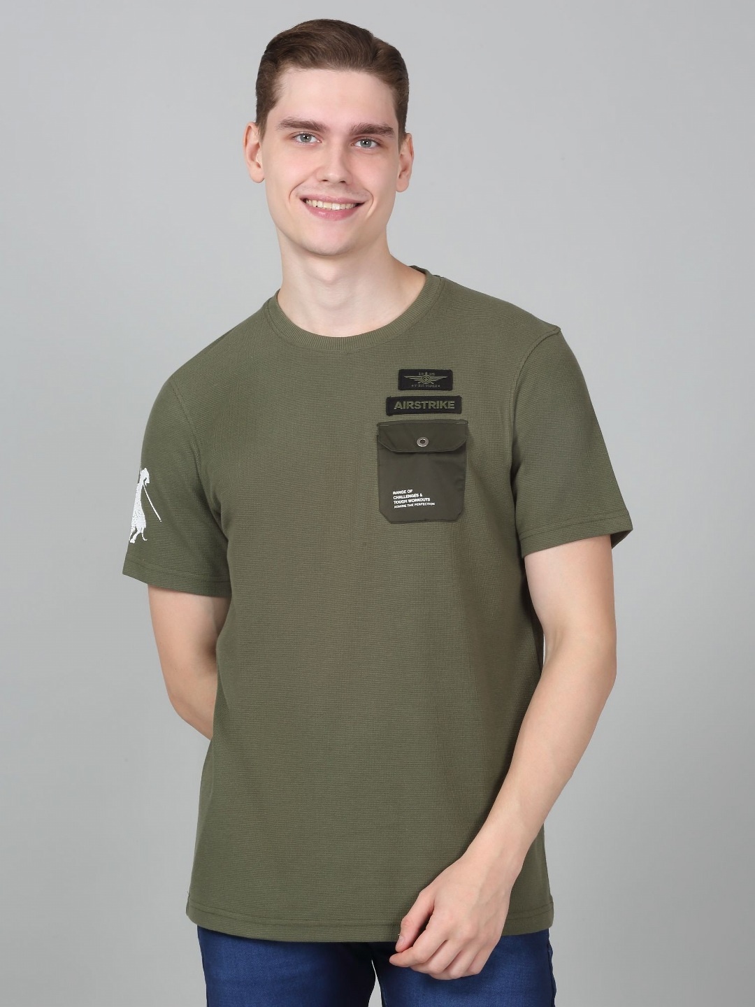 

Cantabil Men Solid Round Neck Cotton T-shirt, Olive
