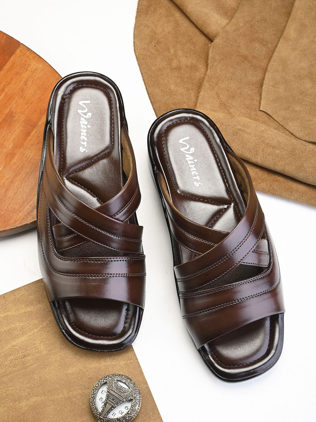 

WAINERS Men Leather Comfort Sandals, Brown