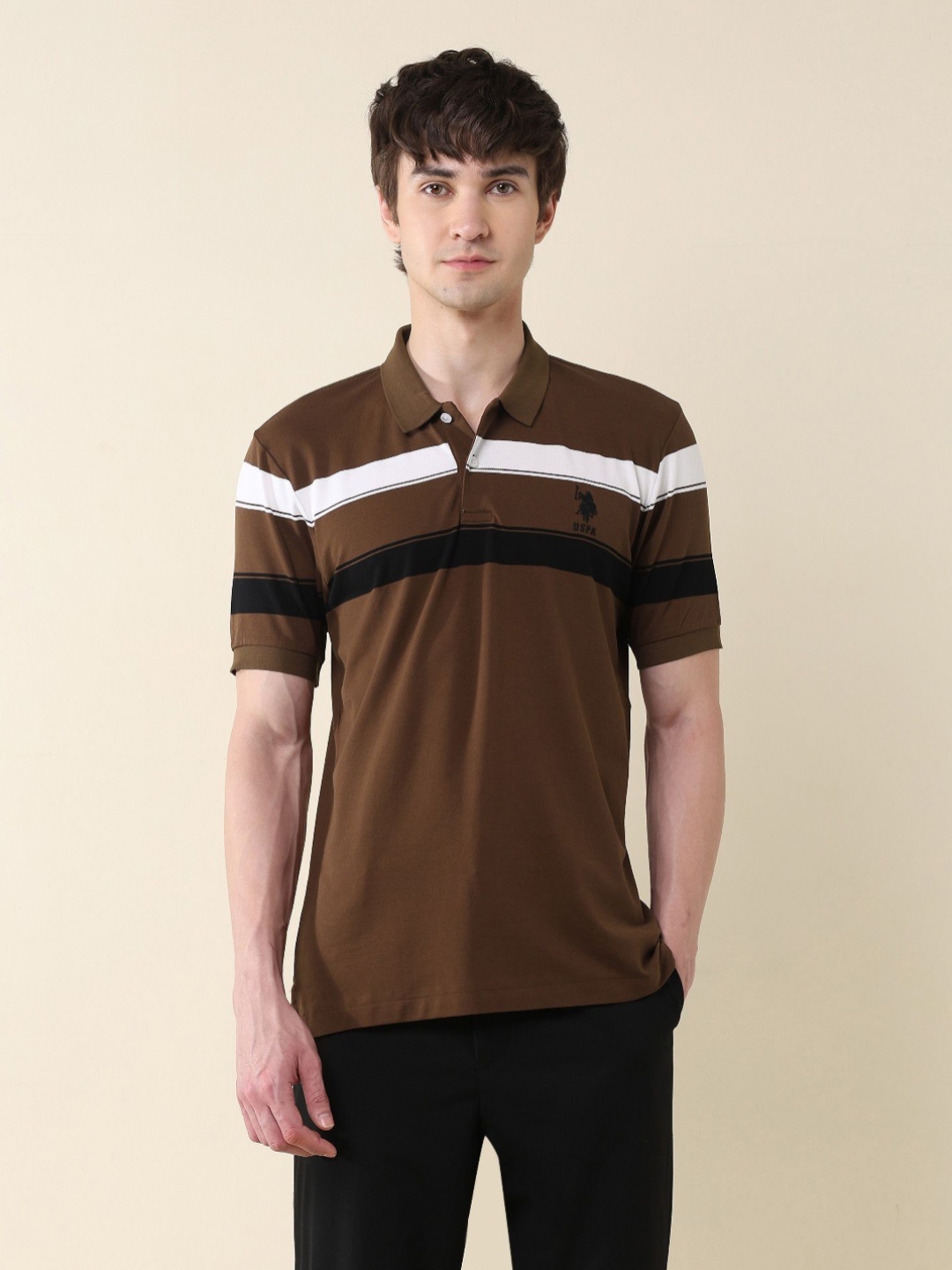 

U.S. Polo Assn. Men Striped Polo Collar Cotton T-shirt, Brown