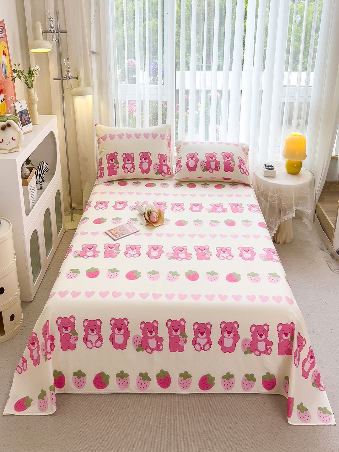 

JC HOME Pink & Green Printed Pure Cotton 220 TC Single Bedsheet Set - 1.60 m x 2.30 m, Beige