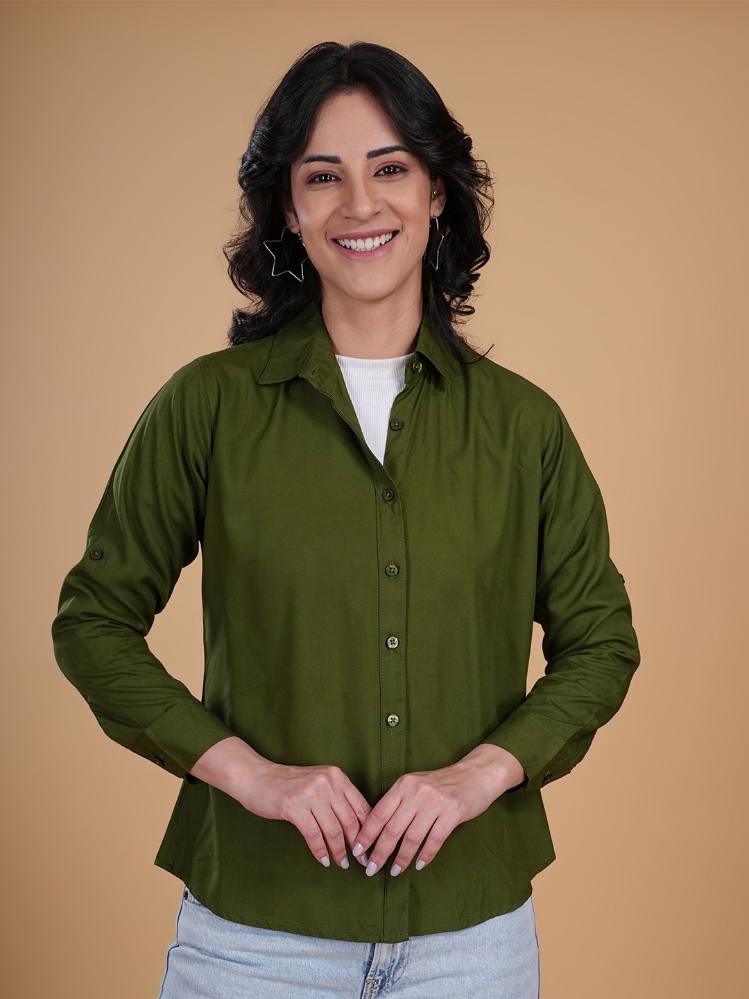 

LILY BUDS Women Standard Fit Spread Collar Solid Casual Shirt, Green