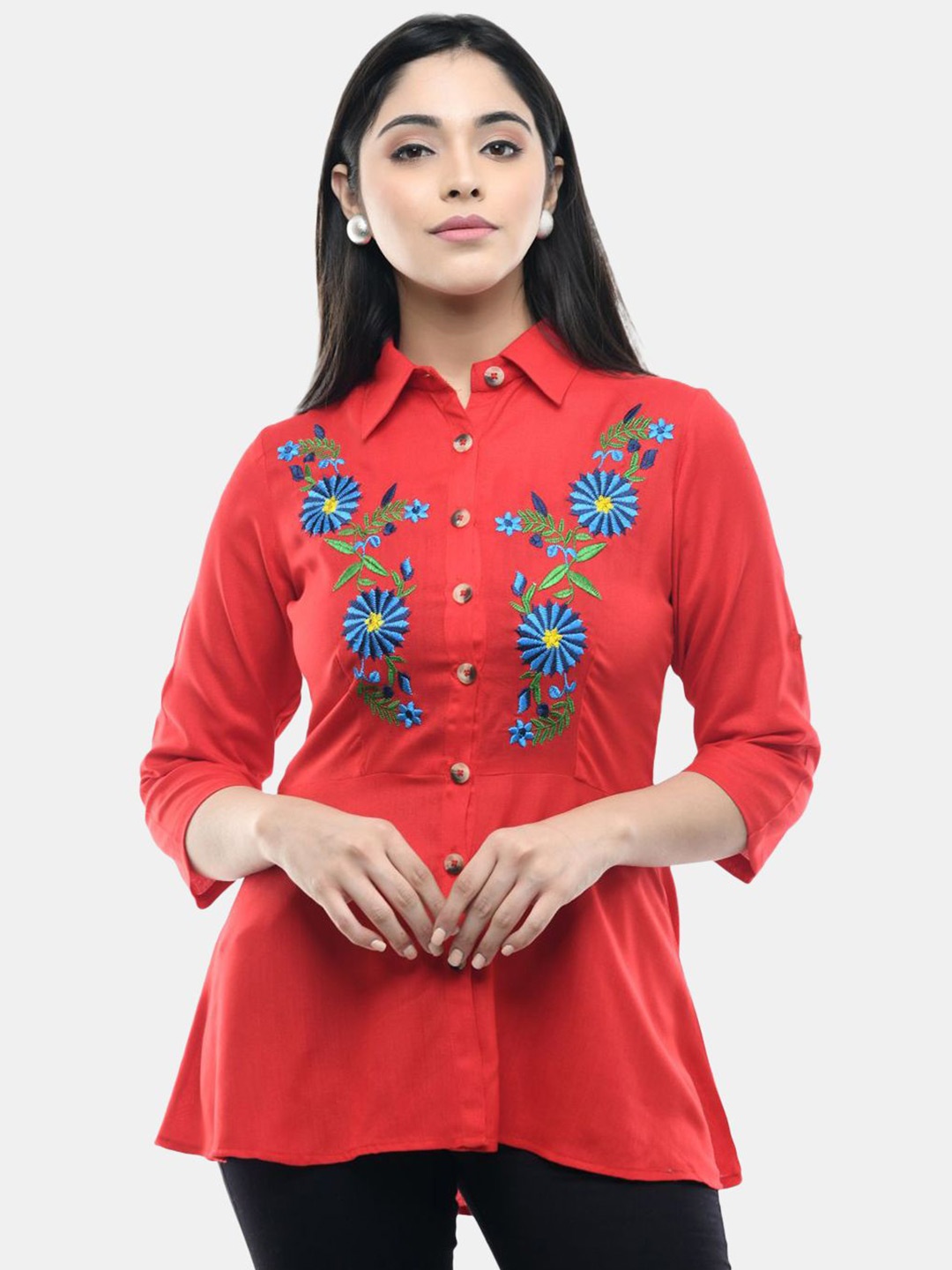 

VAAMII Floral Embroidered Shirt Style Top, Red