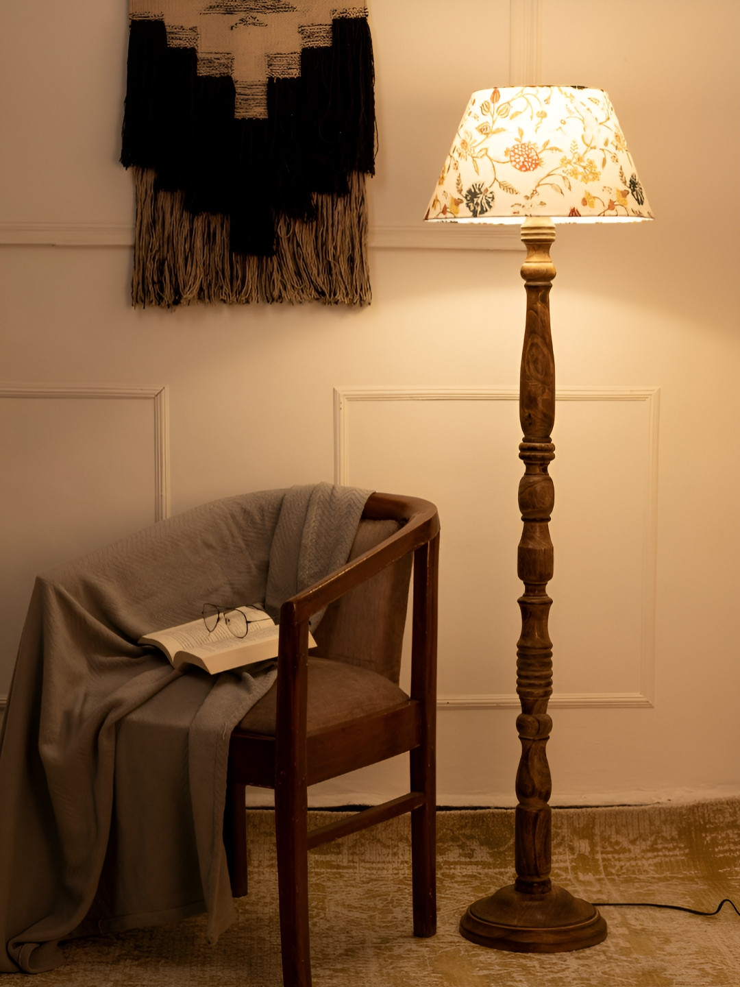 

green girgit Brown & White Printed Wooden Frustum Shaped Floor Lamp