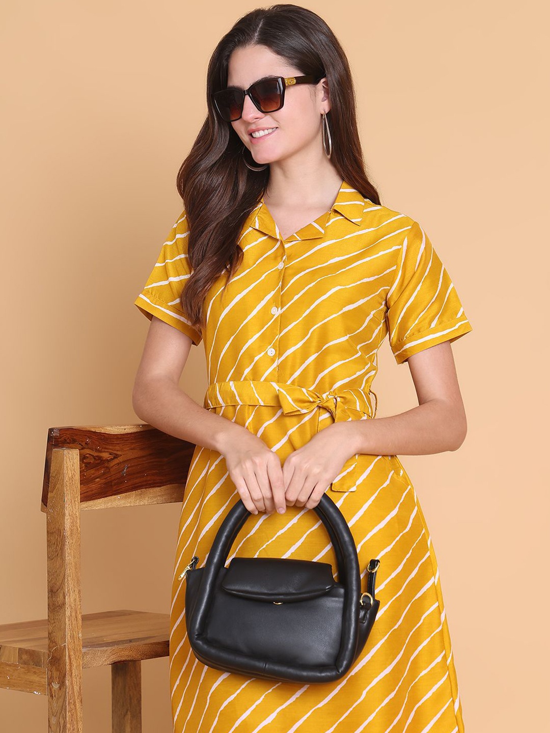 

Indian Needle Women Striped Shirt Collar A-Line Dress, Mustard