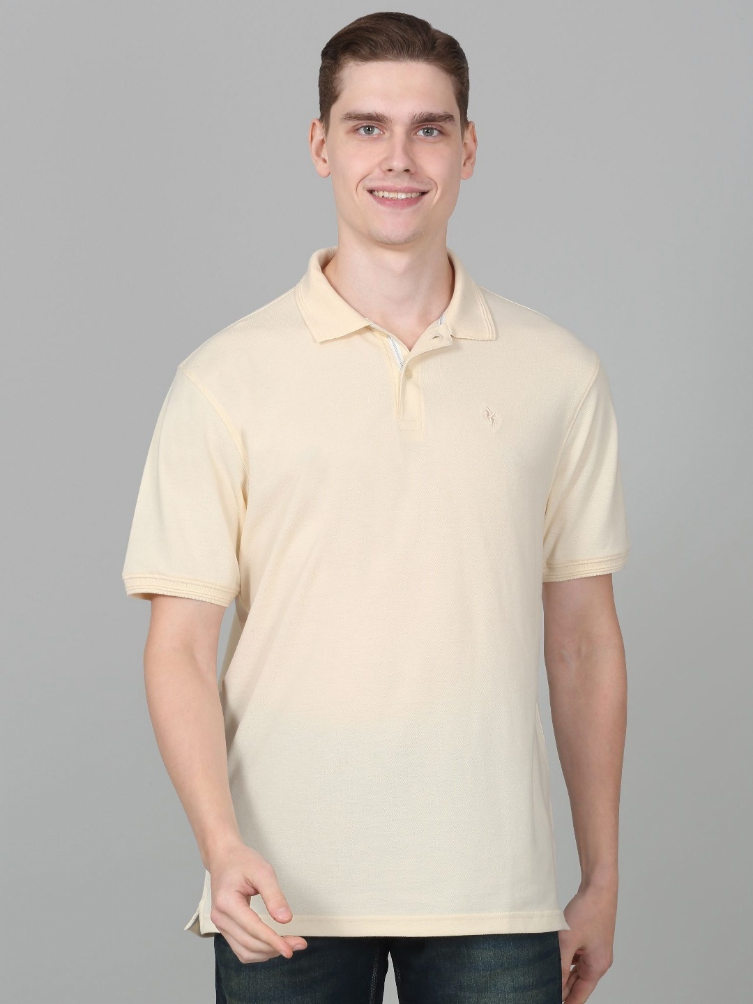 

Cantabil Men Solid Polo Collar Cotton T-shirt, Cream