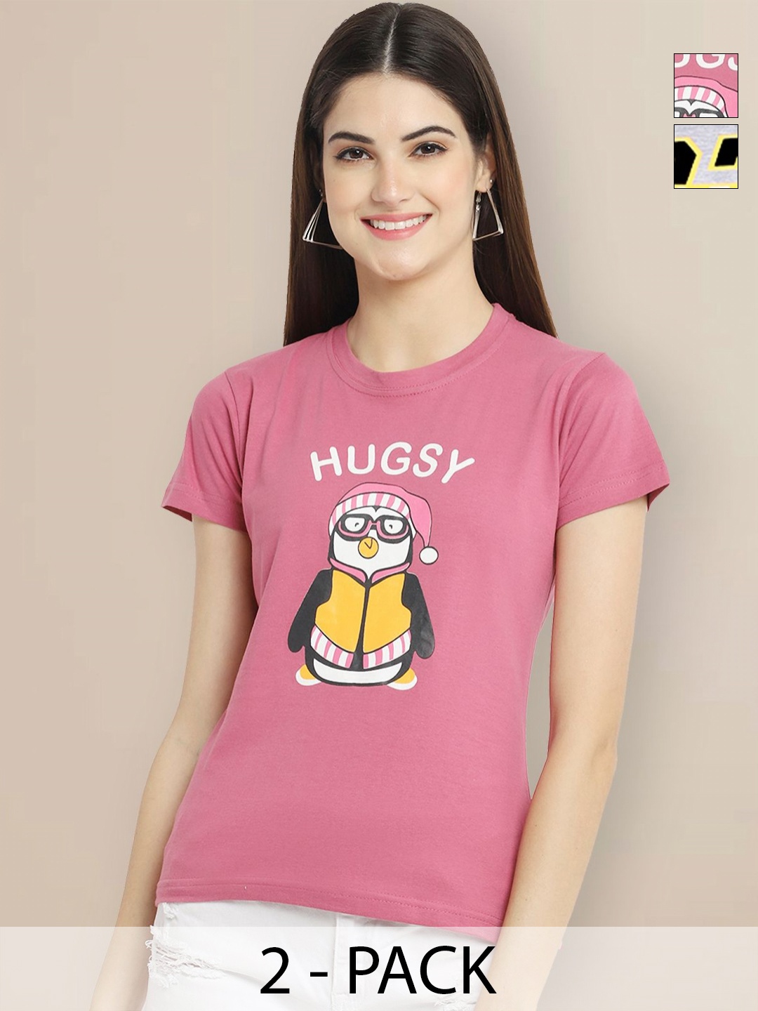 

GLOBAL NOMAD Women Pack of 2 Typography Printed Round Neck Cotton T-shirts, Pink