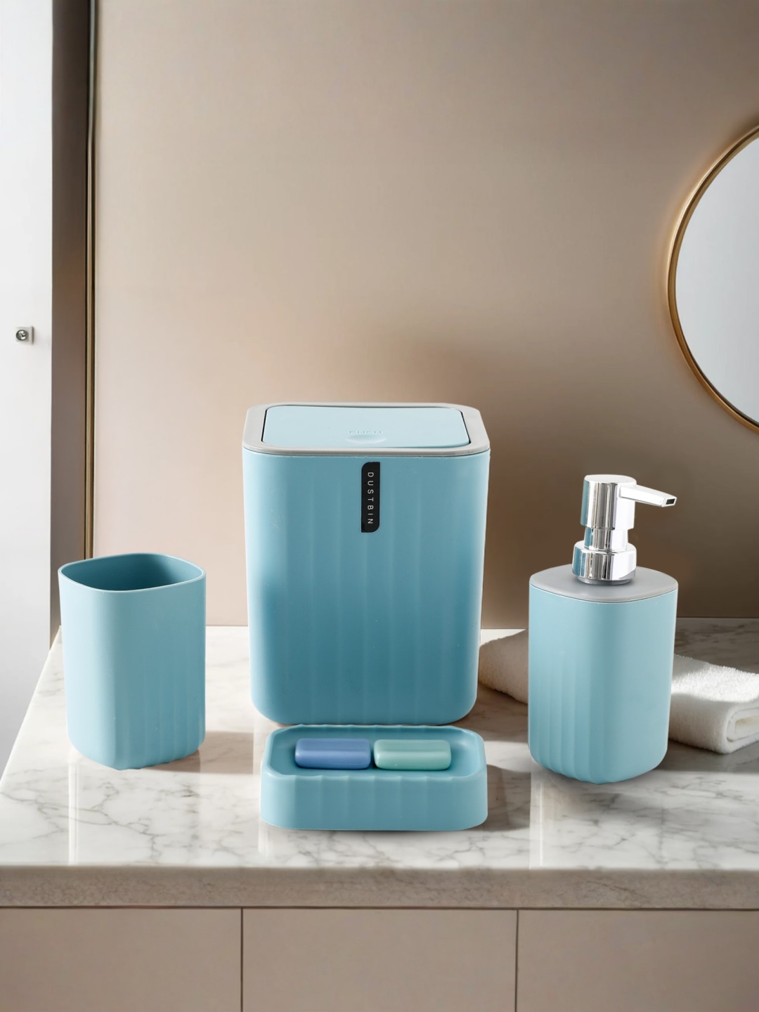

The Better Home Blue 4 piece Solid Plastic Bath Accessories Set