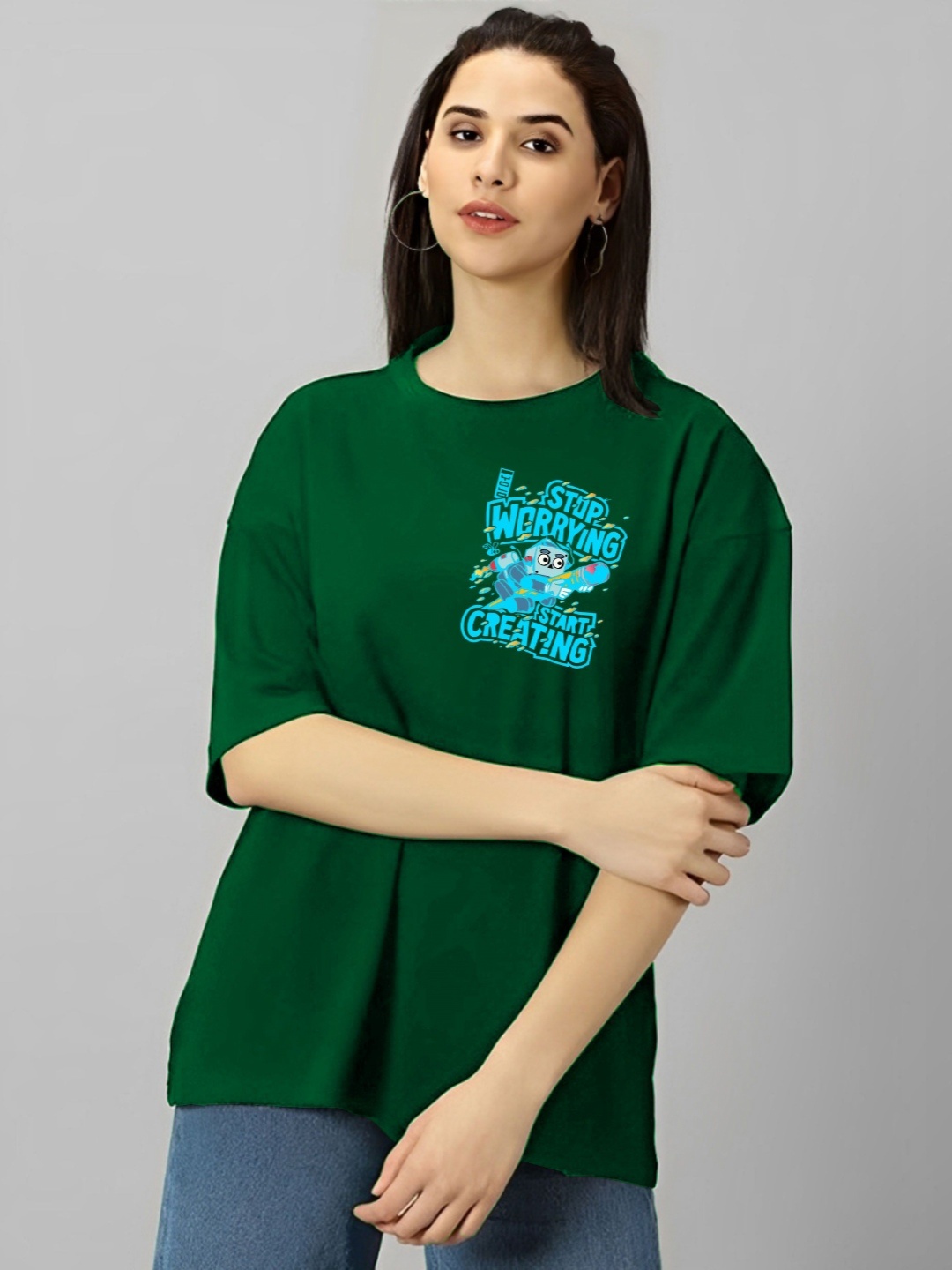 

Kushi Flyer Women Graphic Printed Round Neck Cotton Oversized T-shirt, Green