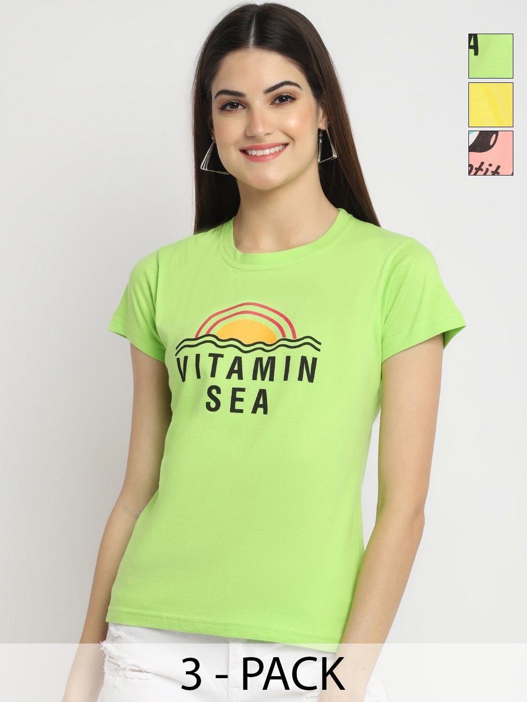 

Dreambe Women Pack of 3 Typography Printed Round Neck Cotton T-shirts, Green