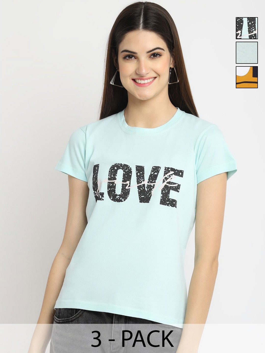 

Dreambe Women Pack of 3 Typography Printed Round Neck Cotton T-shirts, Turquoise blue