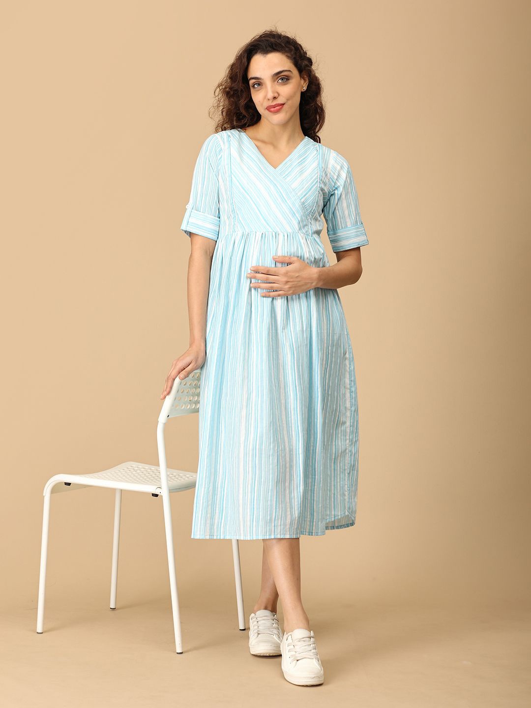 

The Mom Store Women Striped Maternity Wrap Midi Dress, Blue