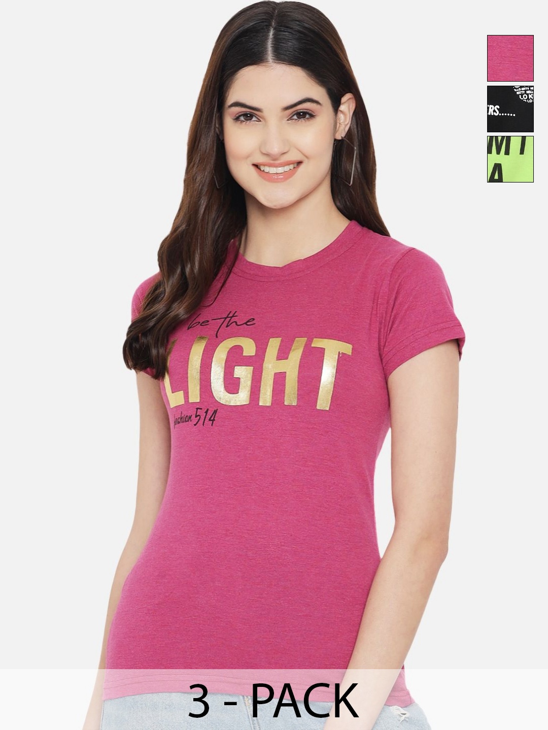 

Dreambe Pack Of 3 Typography Printed Round Neck Short Sleeves Cotton T-shirt, Pink