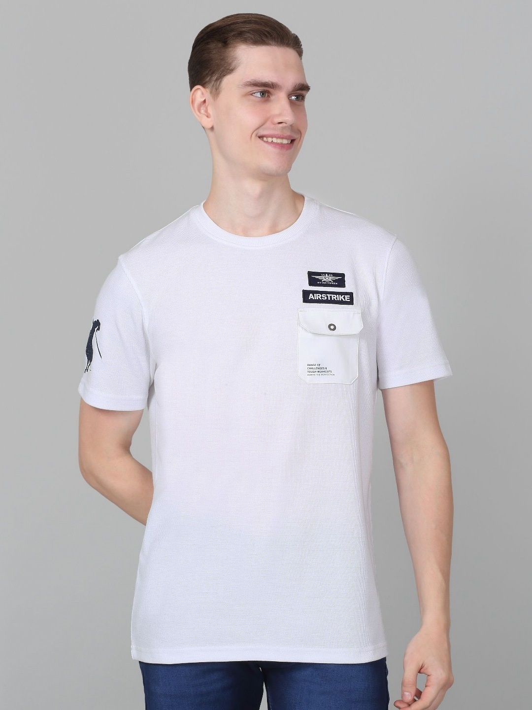 

Cantabil Men Self Design Round Neck Cotton T-shirt, White