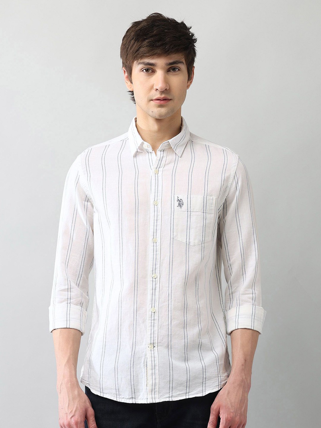 

U.S. Polo Assn. Denim Co. Men Classic Regular Fit Vertical Striped Cotton Casual Shirt, White