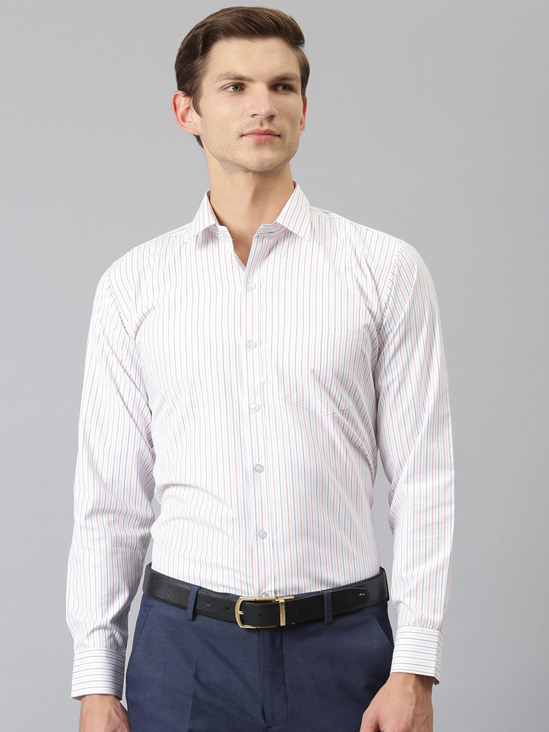 

ACCOX Men Comfort Regular Fit Spread Collar Vertical Striped Cotton Formal Shirt, White