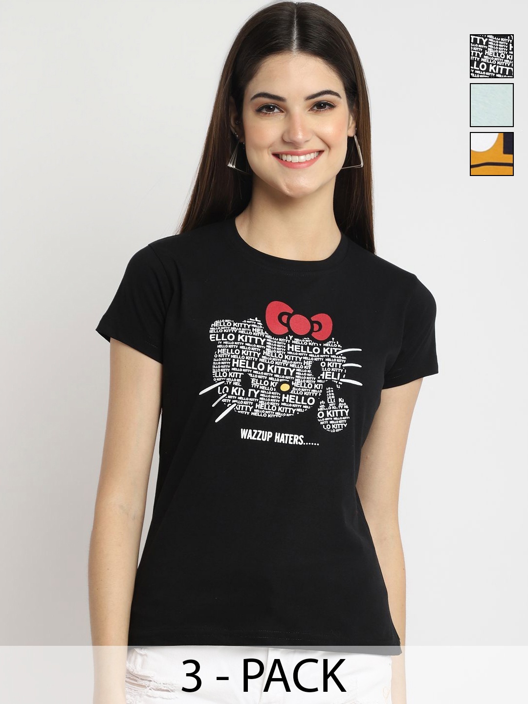 

Dreambe Pack Of 3 Typography Printed Round Neck Short Sleeves Cotton T-shirt, Black