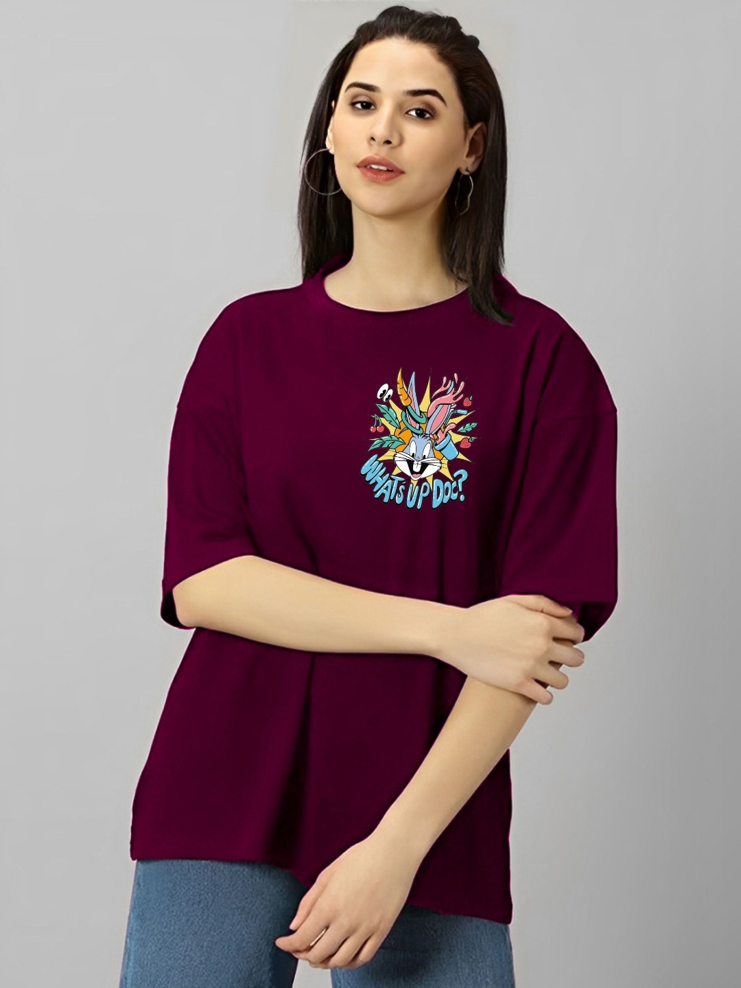 

LECOWAR Women Graphic Printed Round Neck Cotton Oversized T-shirt, Maroon