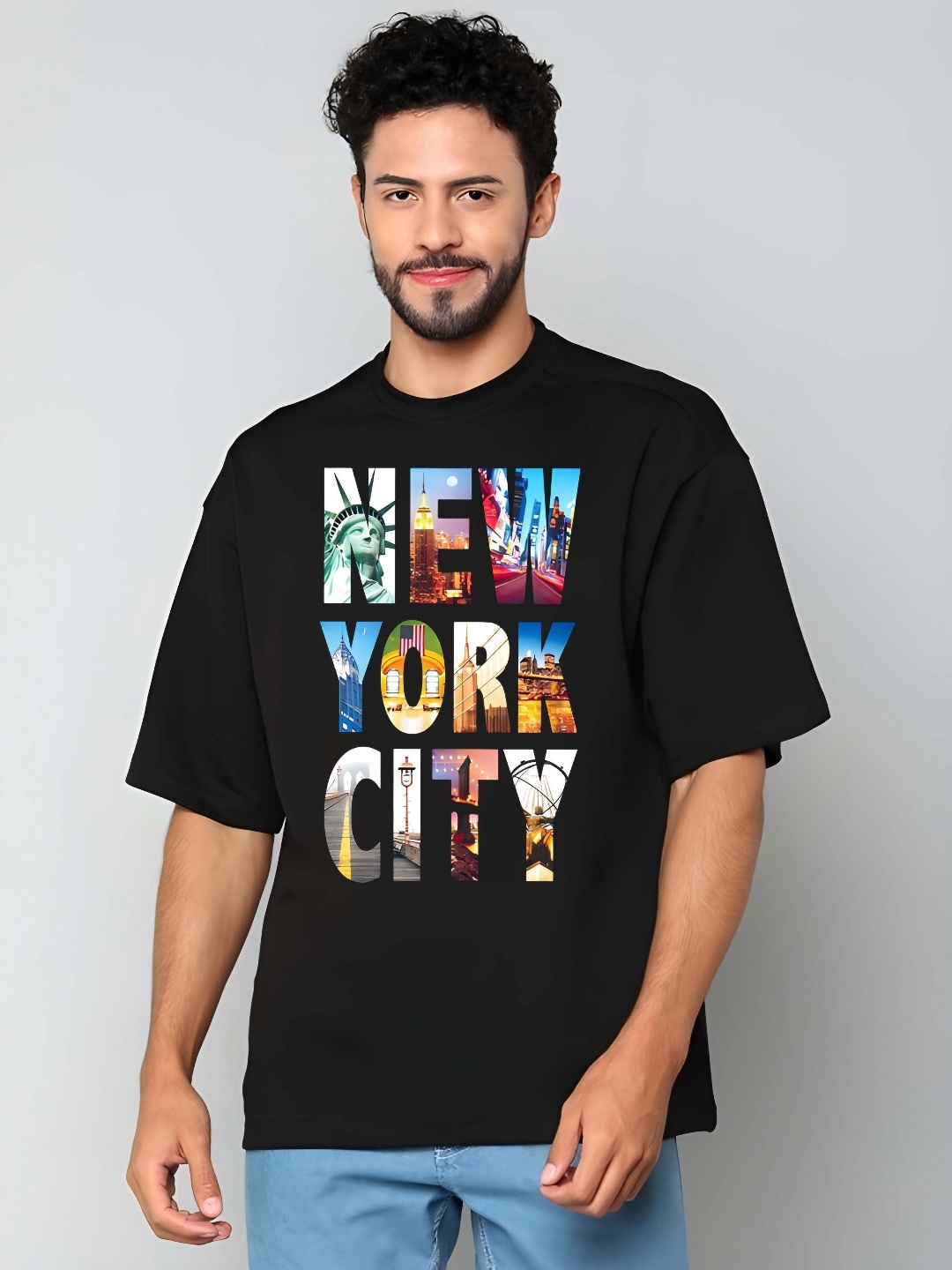 

THE BEETEL HOUSE Men Typography Printed Round Neck Cotton Oversized T-shirt, Black